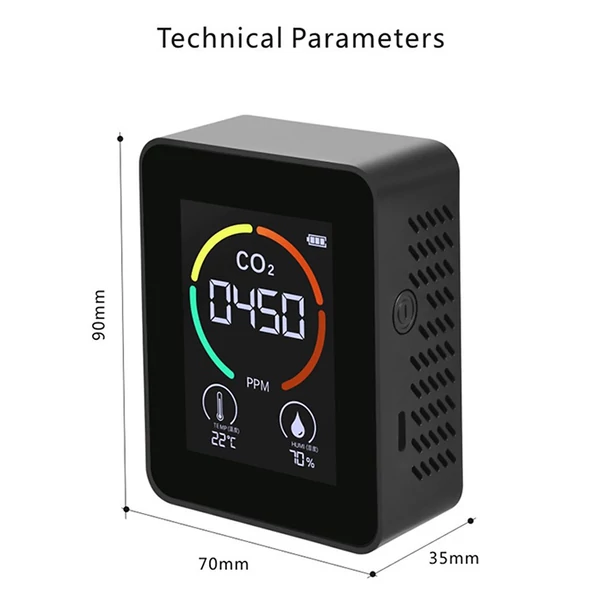 Háztartási levegőminőség érzékelő, többfunkciós CO2/hőmérséklet/páratartalom monitor szén-dioxid PPM félvezető érzékelő LED kijelző - Fekete