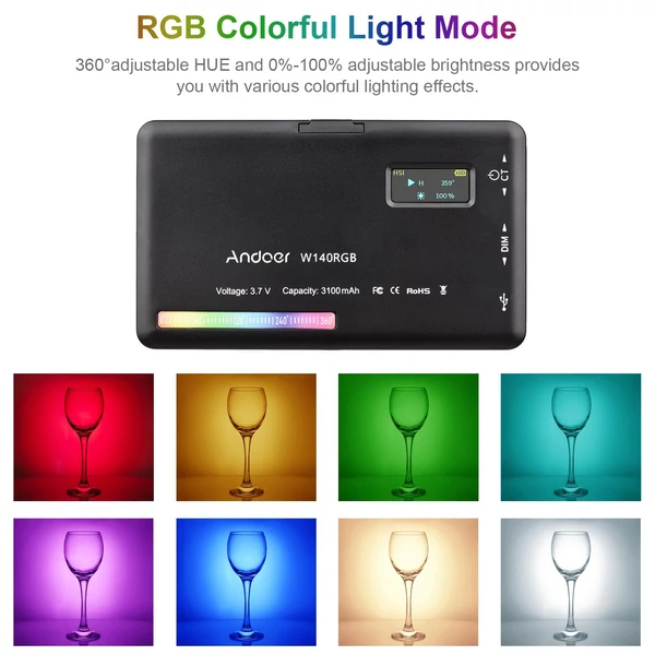 Andoer W140 RGB LED-es videolámpa újratölthető fényképezési kitöltőlámpa