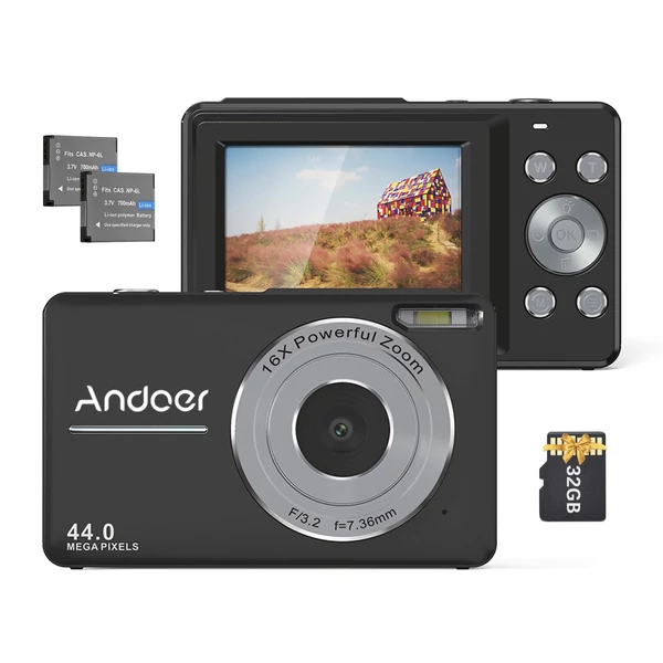 Andoer 1080P digitális fényképezőgép videokamera 44MP autofókuszos 2.5 IPS képernyő 16X digitális zoom - Fekete