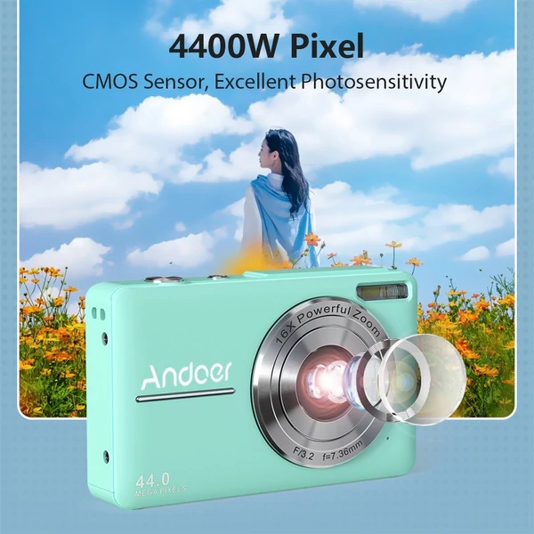 Andoer 1080P digitális fényképezőgép videokamera 44MP autofókuszos 2.5 IPS képernyő 16X digitális zoom - Zöld