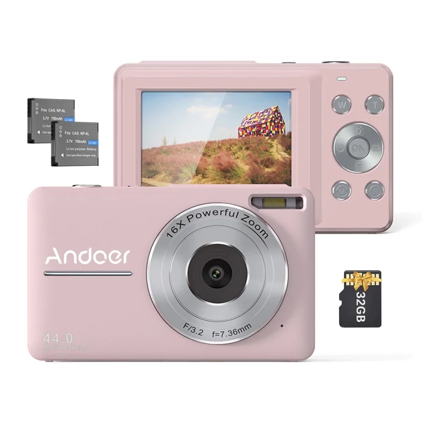 Andoer 1080P digitális fényképezőgép videokamera 44MP autofókuszos 2.5 IPS képernyő 16X digitális zoom - Pink