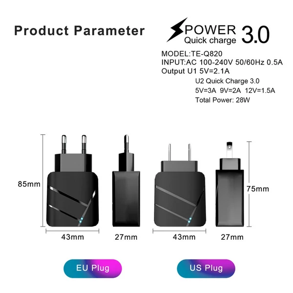 TE-Q820 Quick Charge 3.0+2.1A USB fali töltő 28W kétportos gyorstöltő adapter többszörös védelem - Fehér