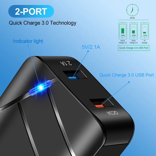 TE-Q820 Quick Charge 3.0+2.1A USB fali töltő 28W kétportos gyorstöltő adapter többszörös védelem - Fehér