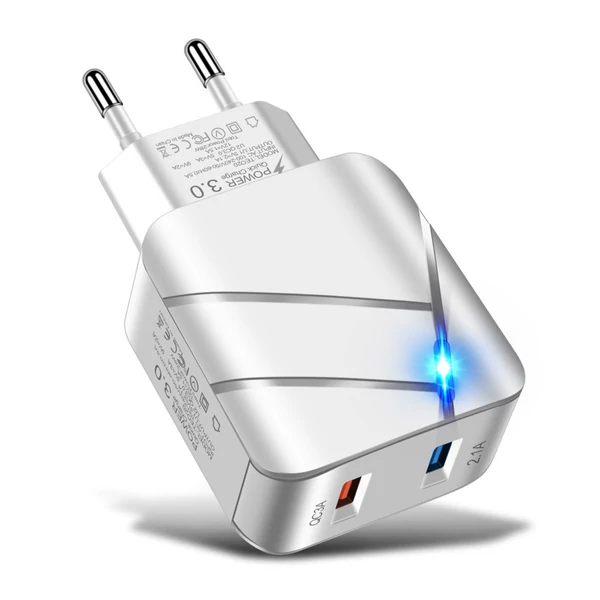 TE-Q820 Quick Charge 3.0+2.1A USB fali töltő 28W kétportos gyorstöltő adapter többszörös védelem - Fehér