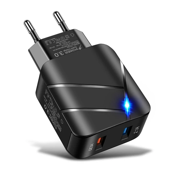 TE-Q820 Quick Charge 3.0+2.1A USB fali töltő 28W kétportos gyorstöltő adapter többszörös védelem - Fekete