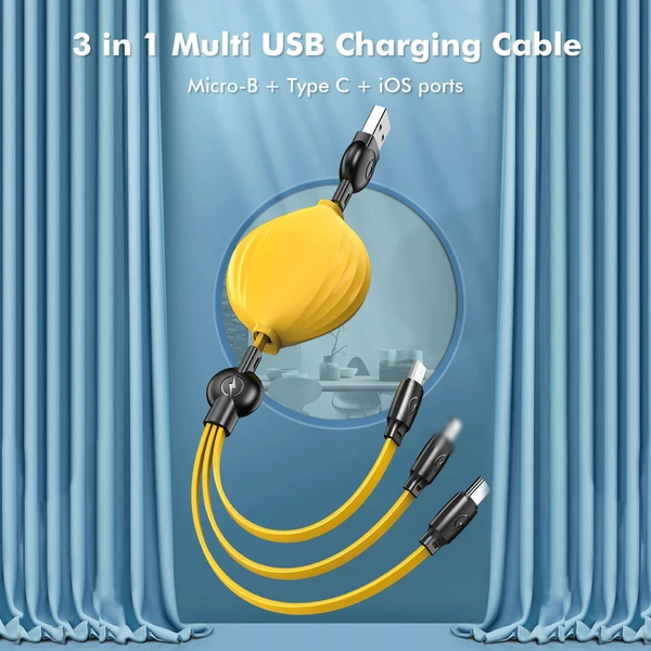 Multi USB 3 az 1-ben visszahúzható gyorstöltő kábel C típusú/Micro-B/iOS porttal, 5 fokozatú hosszbeállítás/intelligens védelem univerzális telefontöltő kábel - Kék