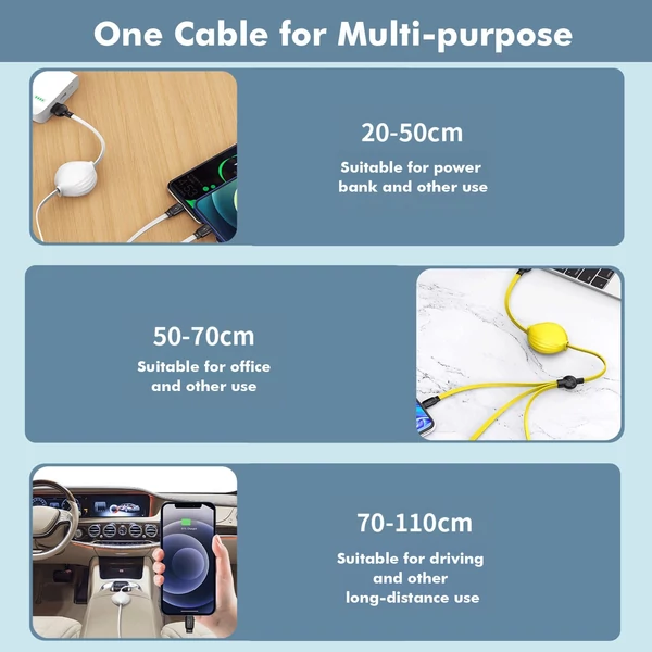 Multi USB 3 az 1-ben visszahúzható gyorstöltő kábel C típusú/Micro-B/iOS porttal, 5 fokozatú hosszbeállítás/intelligens védelem univerzális telefontöltő kábel - Sárga