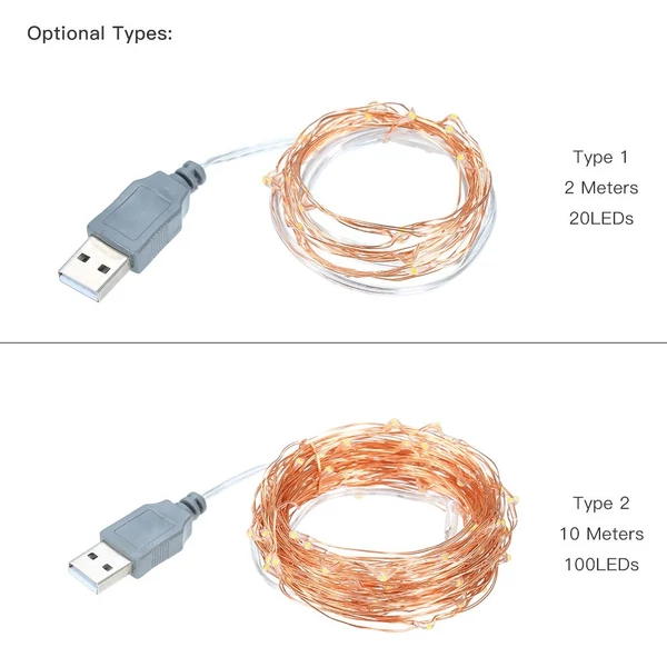 DC5V 0.2W rézhuzalos lámpafűzér - 2 méteres 20LED