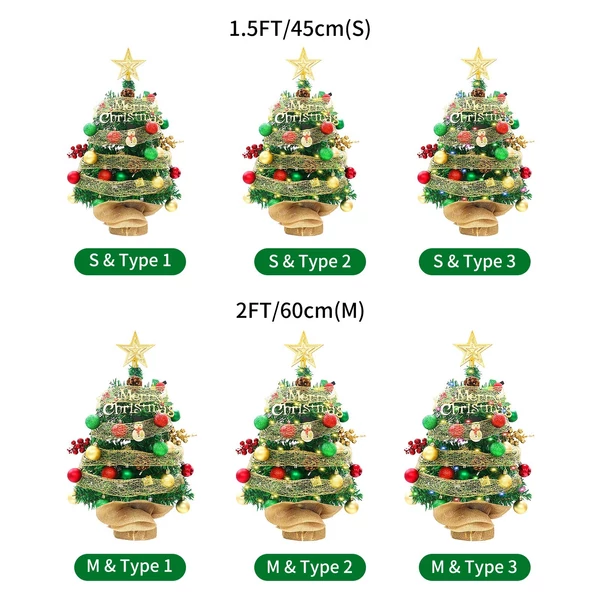 Asztali mini karácsonyfa csúccsal csillaggal piros zöld gömbbel szalaggal - 45 cm - Fény nélkül