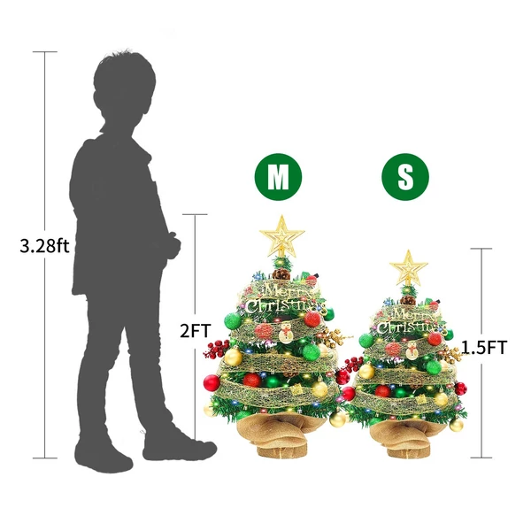 Asztali mini karácsonyfa csúccsal csillaggal piros zöld gömbbel szalaggal - 45 cm - Fény nélkül