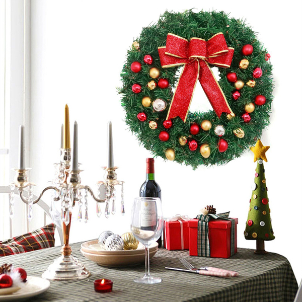 Karácsonyi koszorú masnival, gömbökkel, Boldog karácsonyi függőfüzér bejárati ajtódíszítéshez - 40 cm - Meleg fehér fényfűzérrel