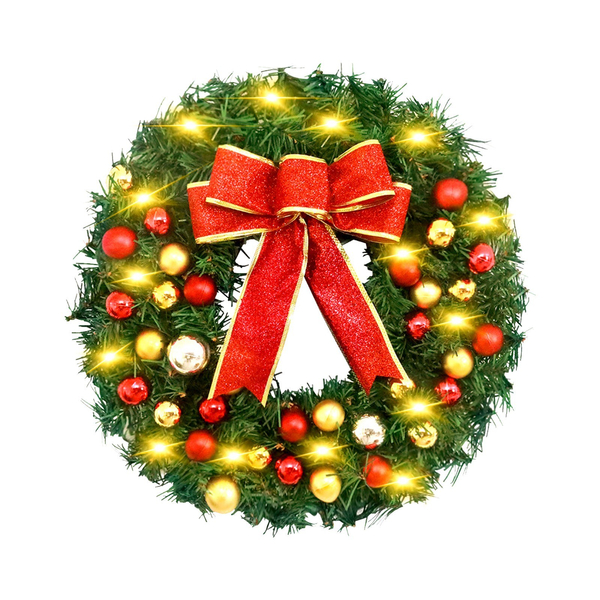 Karácsonyi koszorú masnival, gömbökkel, Boldog karácsonyi függőfüzér bejárati ajtódíszítéshez - 40 cm - Meleg fehér fényfűzérrel