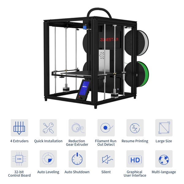 Zonestar Z9V5 PRO MK4 továbbfejlesztett 3D nyomtató állítható négy extruderrel, többszínű nyomtatással