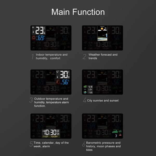 Napkelte és napnyugta meteorológiai állomás többfunkciós ébresztőóra, hőmérő, nedvességmérő érintőképernyős működés vezeték nélküli kültéri érzékelővel