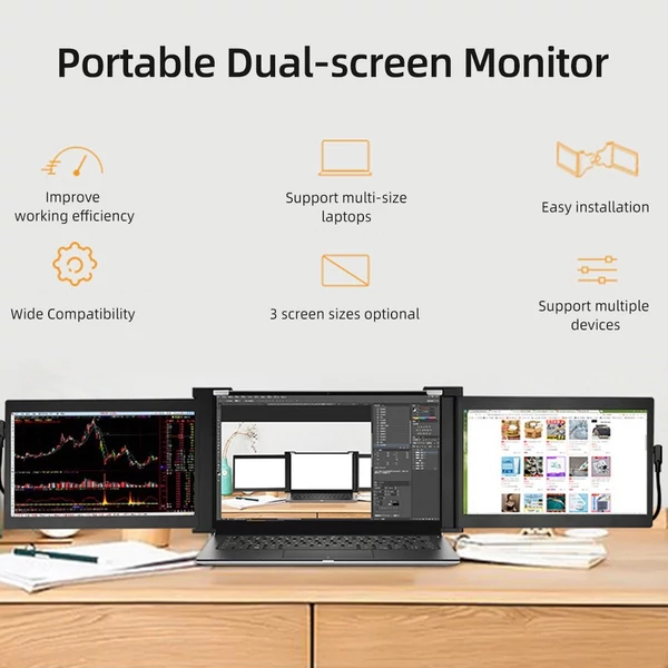 Hordozható háromképernyős monitor laptop bővítőképernyő 1920*1080 felbontás 11.9-14 hüvelykes laptophoz - 11.9 hüvelykes