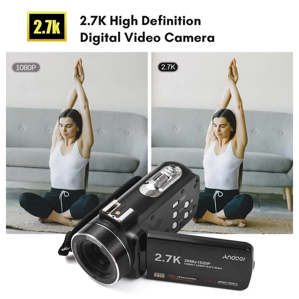 Andoer 2.7K digitális videokamera kamera DV felvevő 48MP 16X digitális zoom 3.0 hüvelykes IPS érintőpanel