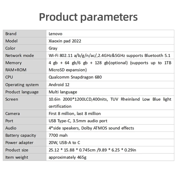 Lenovo Xiaoxin Pad 10,6 hüvelykes WiFi Tablet Qualcomm Snapdragon 680 CPU 2K képernyő 7700 mAh - 6 GB + 64 GB