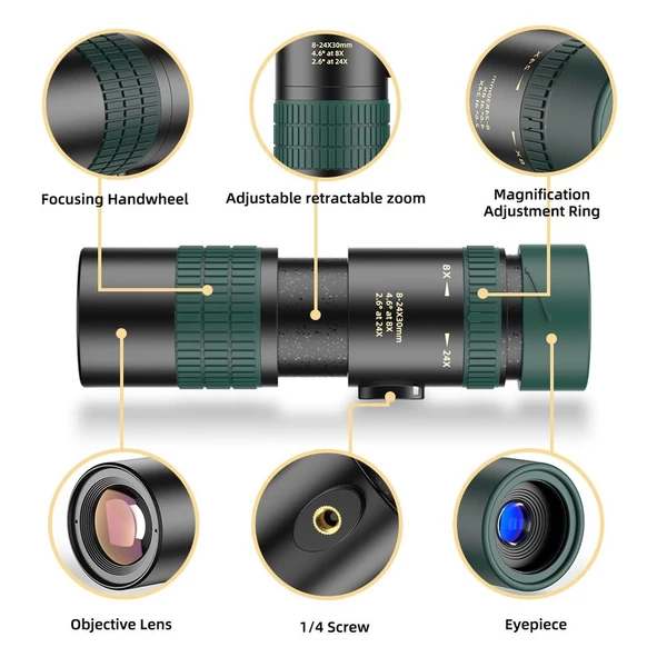 APEXEL monokuláris teleszkóp 8X-24X zoom BAK4 Prism FMC objektív okostelefon tartóval, állvány tárolótáskával