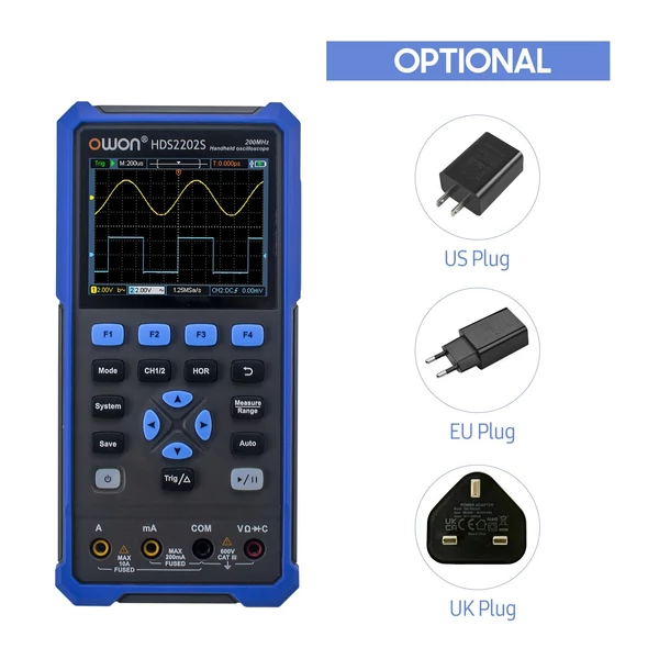 OWON HDS2202S 3 az 1-ben kézi digitális kétcsatornás oszcilloszkópos multiméter hullámforma generátor, 200 MHz 1GSa/s valós RMS Multi Teszter színes LCD Type-C tölthető