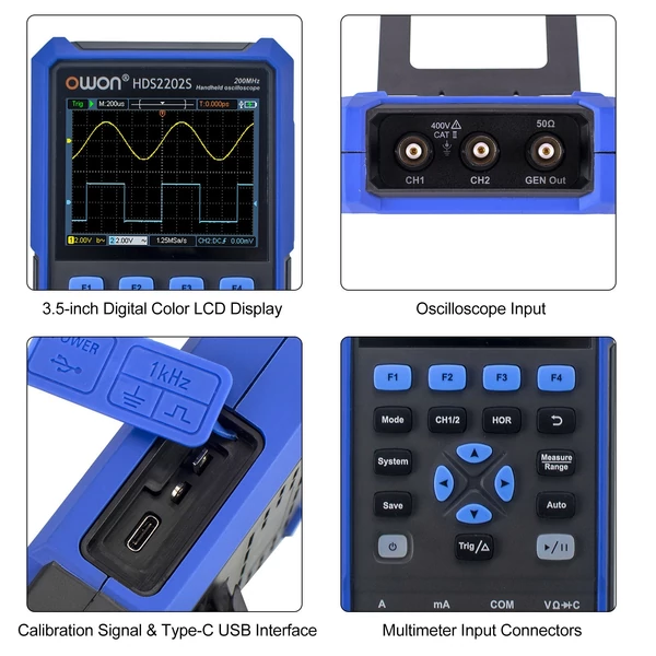 OWON HDS2202S 3 az 1-ben kézi digitális kétcsatornás oszcilloszkópos multiméter hullámforma generátor, 200 MHz 1GSa/s valós RMS Multi Teszter színes LCD Type-C tölthető