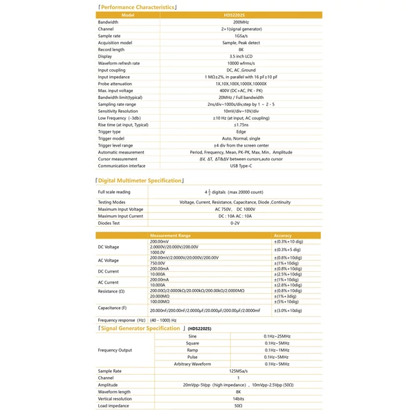 OWON HDS2202S 3 az 1-ben kézi digitális kétcsatornás oszcilloszkópos multiméter hullámforma generátor, 200 MHz 1GSa/s valós RMS Multi Teszter színes LCD Type-C tölthető