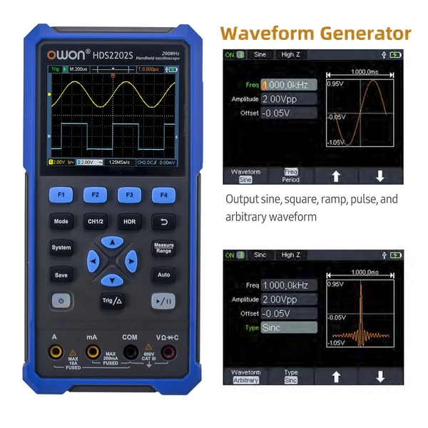 OWON HDS2202S 3 az 1-ben kézi digitális kétcsatornás oszcilloszkópos multiméter hullámforma generátor, 200 MHz 1GSa/s valós RMS Multi Teszter színes LCD Type-C tölthető