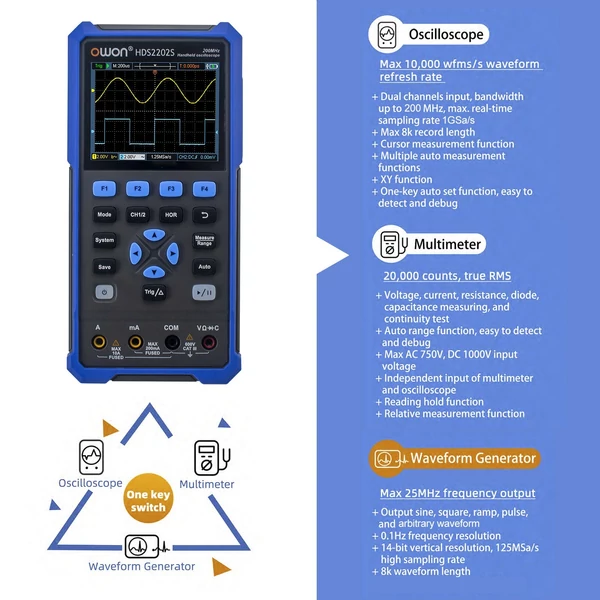 OWON HDS2202S 3 az 1-ben kézi digitális kétcsatornás oszcilloszkópos multiméter hullámforma generátor, 200 MHz 1GSa/s valós RMS Multi Teszter színes LCD Type-C tölthető