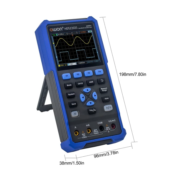 OWON HDS2202S 3 az 1-ben kézi digitális kétcsatornás oszcilloszkópos multiméter hullámforma generátor, 200 MHz 1GSa/s valós RMS Multi Teszter színes LCD Type-C tölthető