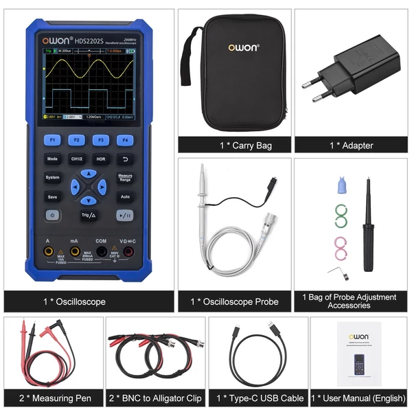 OWON HDS2202S 3 az 1-ben kézi digitális kétcsatornás oszcilloszkópos multiméter hullámforma generátor, 200 MHz 1GSa/s valós RMS Multi Teszter színes LCD Type-C tölthető