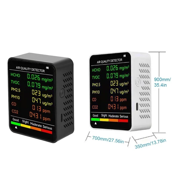 6 In 1 PM2.5 PM10 HCHO TVOC CO CO2 többfunkciós levegőminőség érzékelő CO szén-dioxid formaldehid monitor LCD képernyő - Fekete