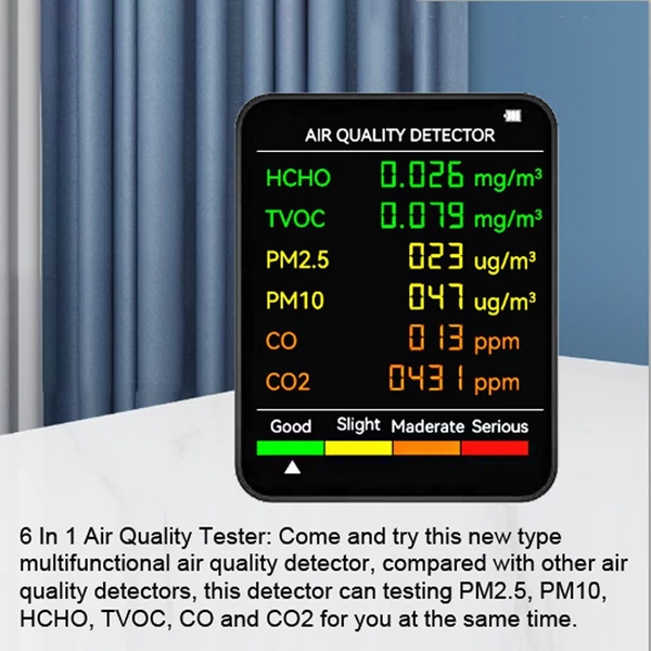 6 In 1 PM2.5 PM10 HCHO TVOC CO CO2 többfunkciós levegőminőség érzékelő CO szén-dioxid formaldehid monitor LCD képernyő - Fekete