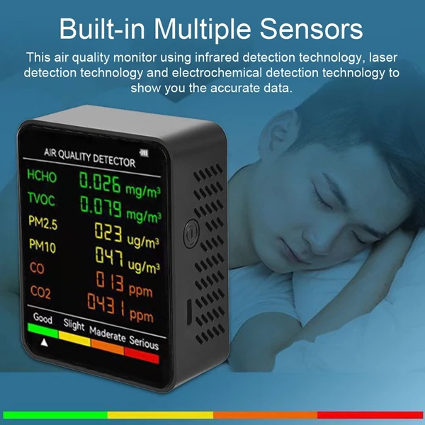 6 In 1 PM2.5 PM10 HCHO TVOC CO CO2 többfunkciós levegőminőség érzékelő CO szén-dioxid formaldehid monitor LCD képernyő - Fekete