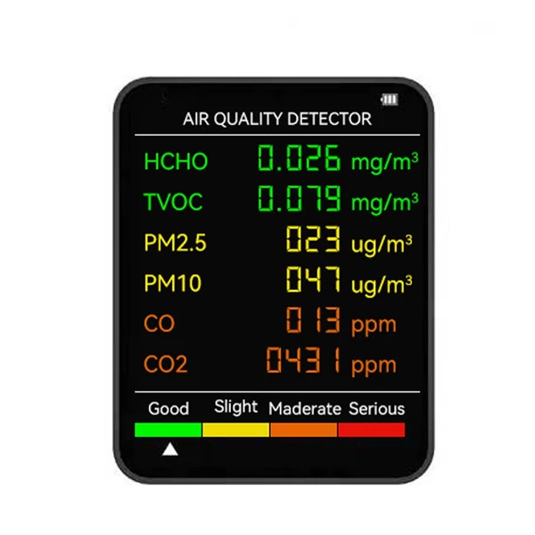 6 In 1 PM2.5 PM10 HCHO TVOC CO CO2 többfunkciós levegőminőség érzékelő CO szén-dioxid formaldehid monitor LCD képernyő - Fekete