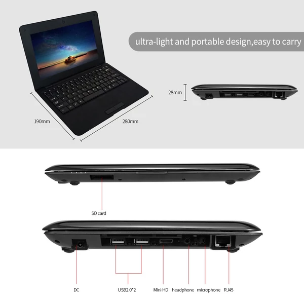 10,1 hüvelykes Netbook ACTIONS S500 1,5 GHz ARM Cortex-A9/Android 5.1/1G+8G - Fekete