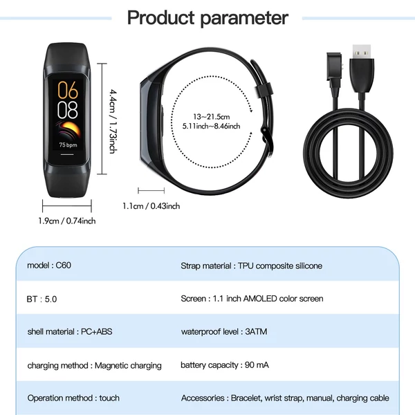 C60 sport okosóra karkötő 3ATM vízálló pulzusszám vérnyomás, oxigén testhőmérséklet figyelő kamera vezérlés - Fekete