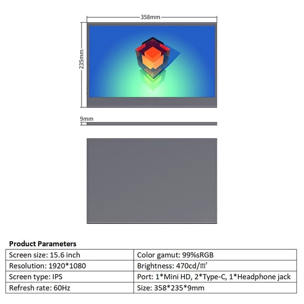 15,6 hüvelykes monitor IPS képernyő 1920*1080 felbontás 170° széles látószög 60 Hz frissítési frekvencia széles kompatibilitás