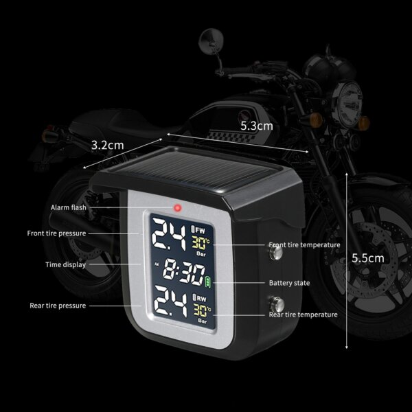 Motorkerékpár gumiabroncsnyomás-ellenőrző rendszer Napelemes töltés Vízálló színes LCD képernyővel, 2 külső érzékelővel
