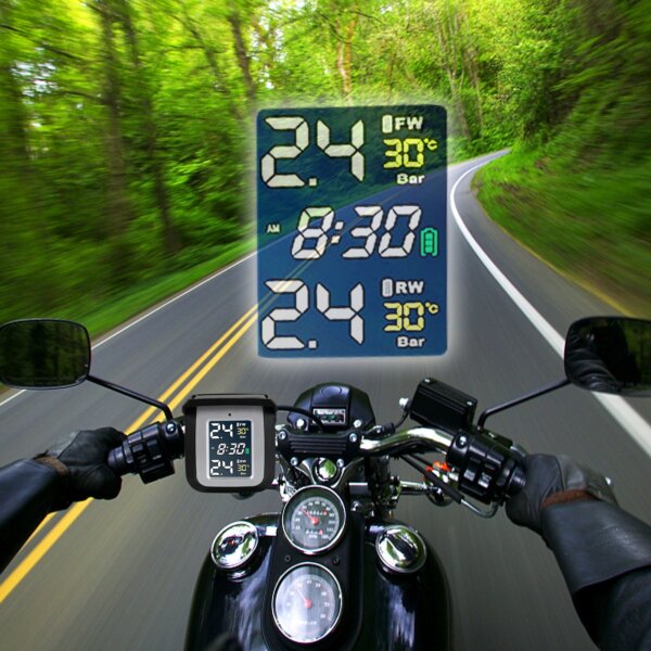 Motorkerékpár gumiabroncsnyomás-ellenőrző rendszer Napelemes töltés Vízálló színes LCD képernyővel, 2 külső érzékelővel