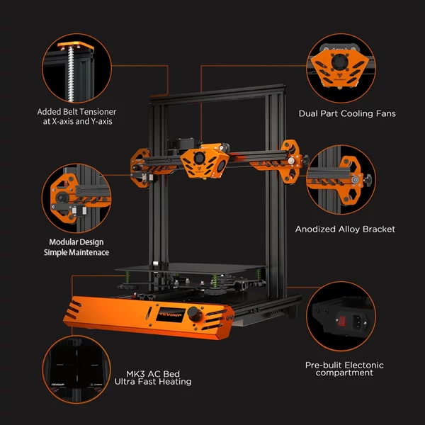 Eredeti TEVOUP TARANTULA PRO 3D nyomtató 235x235x250mm építési térfogat, rácsos üvegplatform