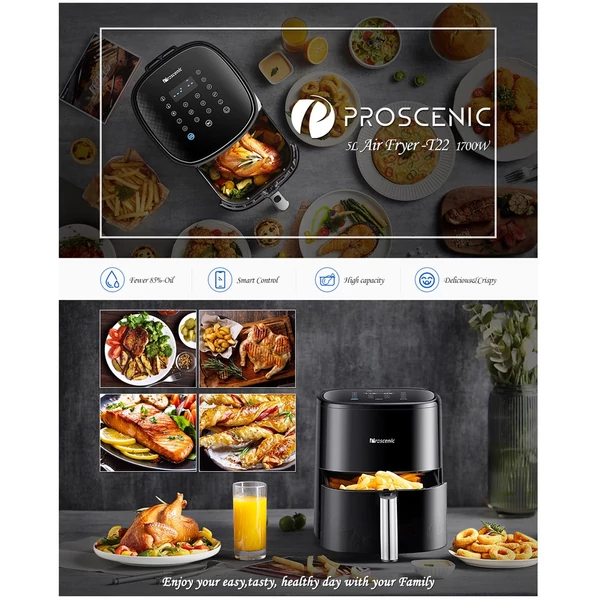 Proscenic T22 Air Fryer Turbo légsütő 5 literes kapacitás 11 előre beállított menü APP Hangvezérlés Rázás emlékeztető és előmelegítés sült krumpli szárított marha steakhez