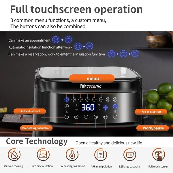 Proscenic T21 Air Fryer Forrólevegős elektromos háztartási 5,8L 8 előre beállított menü Érintőgombos APP időzítő hőmérséklet-szabályozás sült krumpli szárított marha steakhez