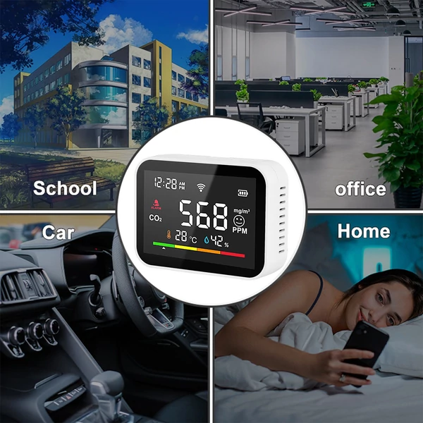 Intelligens CO2-érzékelő Levegőminőség-monitor LCD hőmérséklet-páratartalom-tesztelő Mobiltelefon APP távirányító