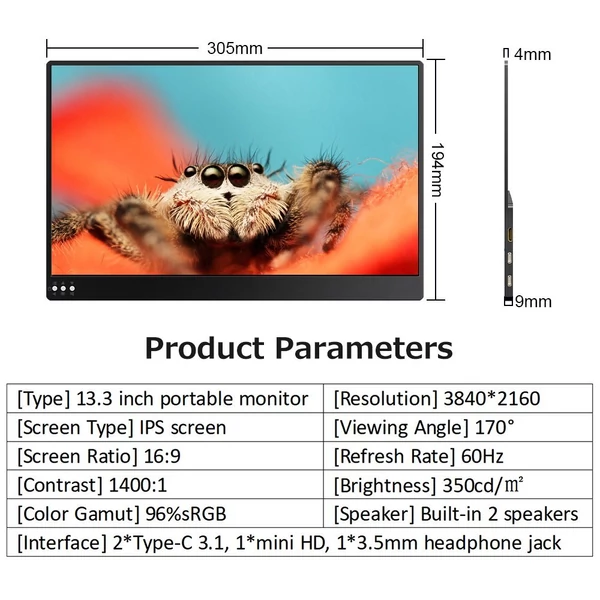 13,3 hüvelykes monitor IPS képernyő 3840*2160 felbontás integrált összecsukható konzollal, széles körű kompatibilitás - Fekete