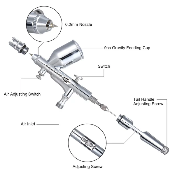 KKmoon Professzionális gravitációs adagolású Airbrush készlet tömlővel tűvel csészével művészi festéshez, testfestéshez, manikűrhöz, szórópisztoly ideiglenes tetováláshoz, fotóretusáláshoz