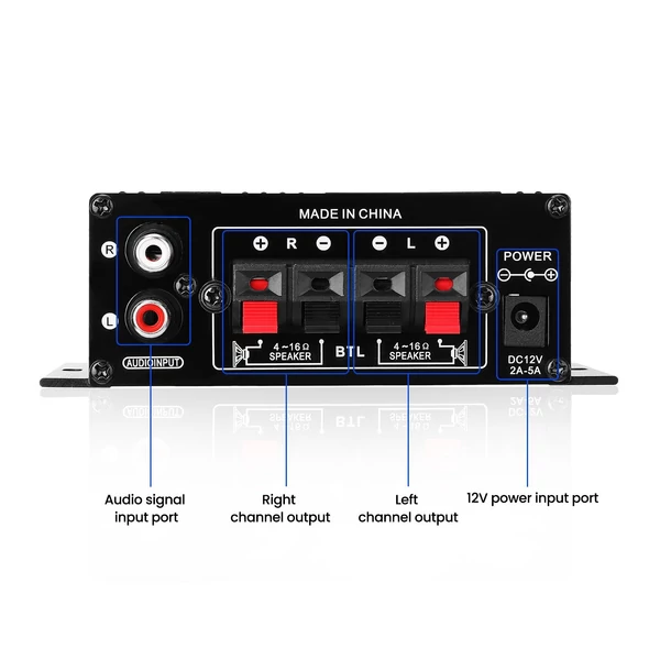 AK270 Mini Audio 2 csatornás sztereó végerősítő AUX bemeneti hangszóró erősítő autóhoz és otthonhoz