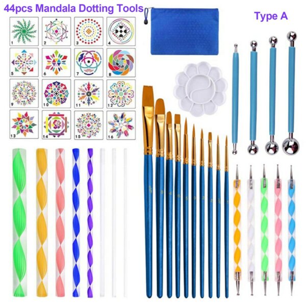 41 darabos mandala pöttyöző eszközök festősablonok golyós paletta ecsetek vászonhoz, színezéshez rajzoláshoz - 2