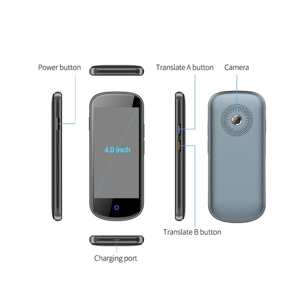 V12 4G intelligens fordító online/offline/fotófordítás támogatása 4 hüvelykes érintőképernyővel, 2000 mAh akkumulátor SIM-kártya foglalattal - Fekete
