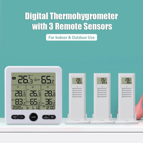 Digitális vezetéknélküli beltéri termo-higrométer hőmérséklet páratartalom figyelő 3 távérzékelővel - Fekete