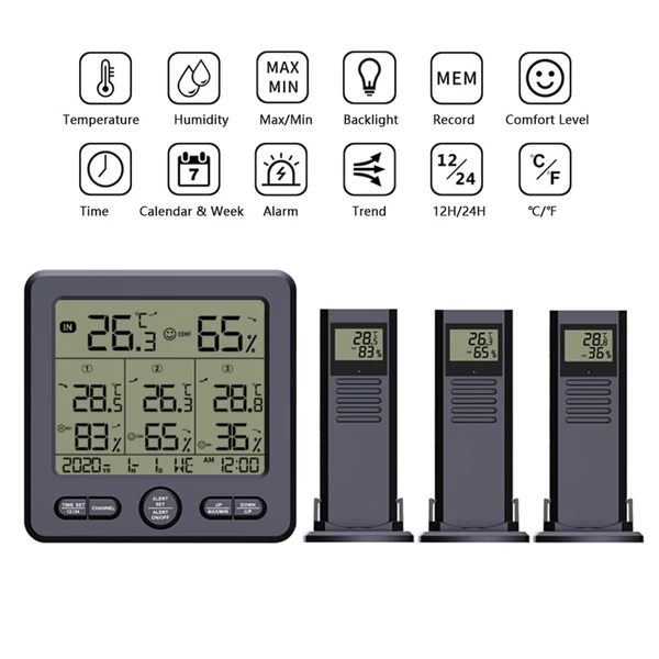 Digitális vezetéknélküli beltéri termo-higrométer hőmérséklet páratartalom figyelő 3 távérzékelővel - Fekete