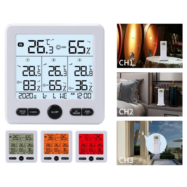 Digitális vezetéknélküli beltéri termo-higrométer hőmérséklet páratartalom figyelő 3 távérzékelővel - Fehér